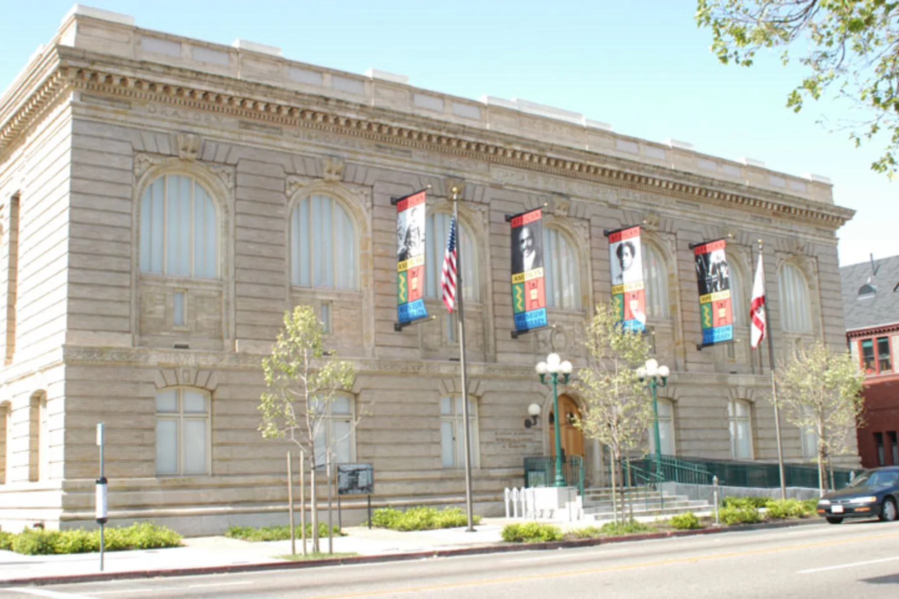 Stone facade of the African American Museum and Library at Oakland